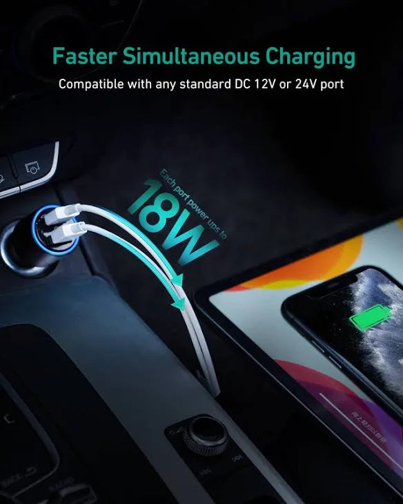 AUKEY Car Charger Adapter,36W Metal Dual USB Fast Car Charger with Blue LED