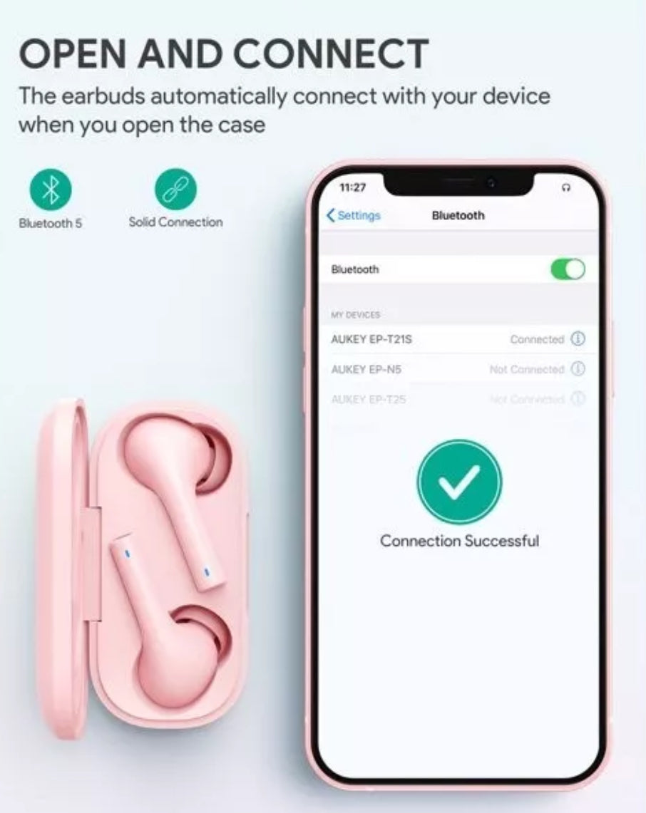 AUKEY True Wireless Earbuds, Bluetooth 5 Headphones with Immersive Sound, 30-Hours Playtime, USB C Quick Charge, IPX6 Water-Resistant, Noise Cancelling Mics Earphones for iPhone and Android