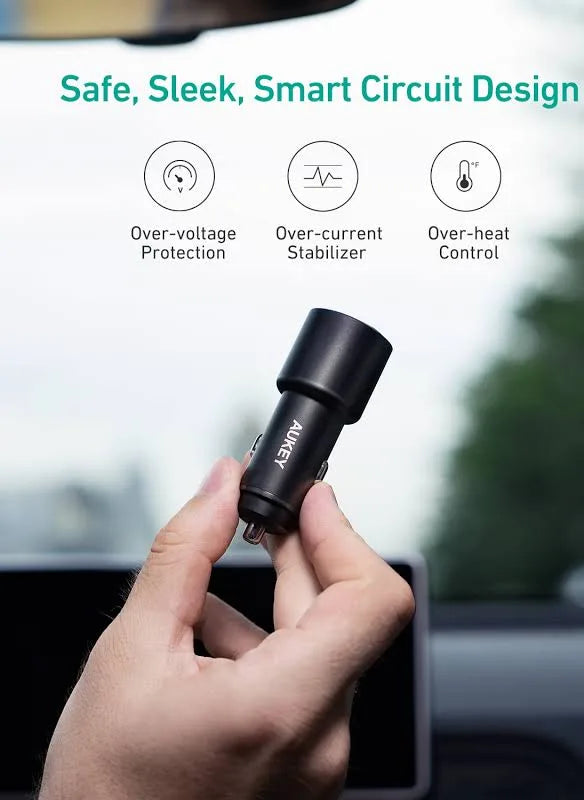 AUKEY Car Charger Adapter,36W Metal Dual USB Fast Car Charger with Blue LED