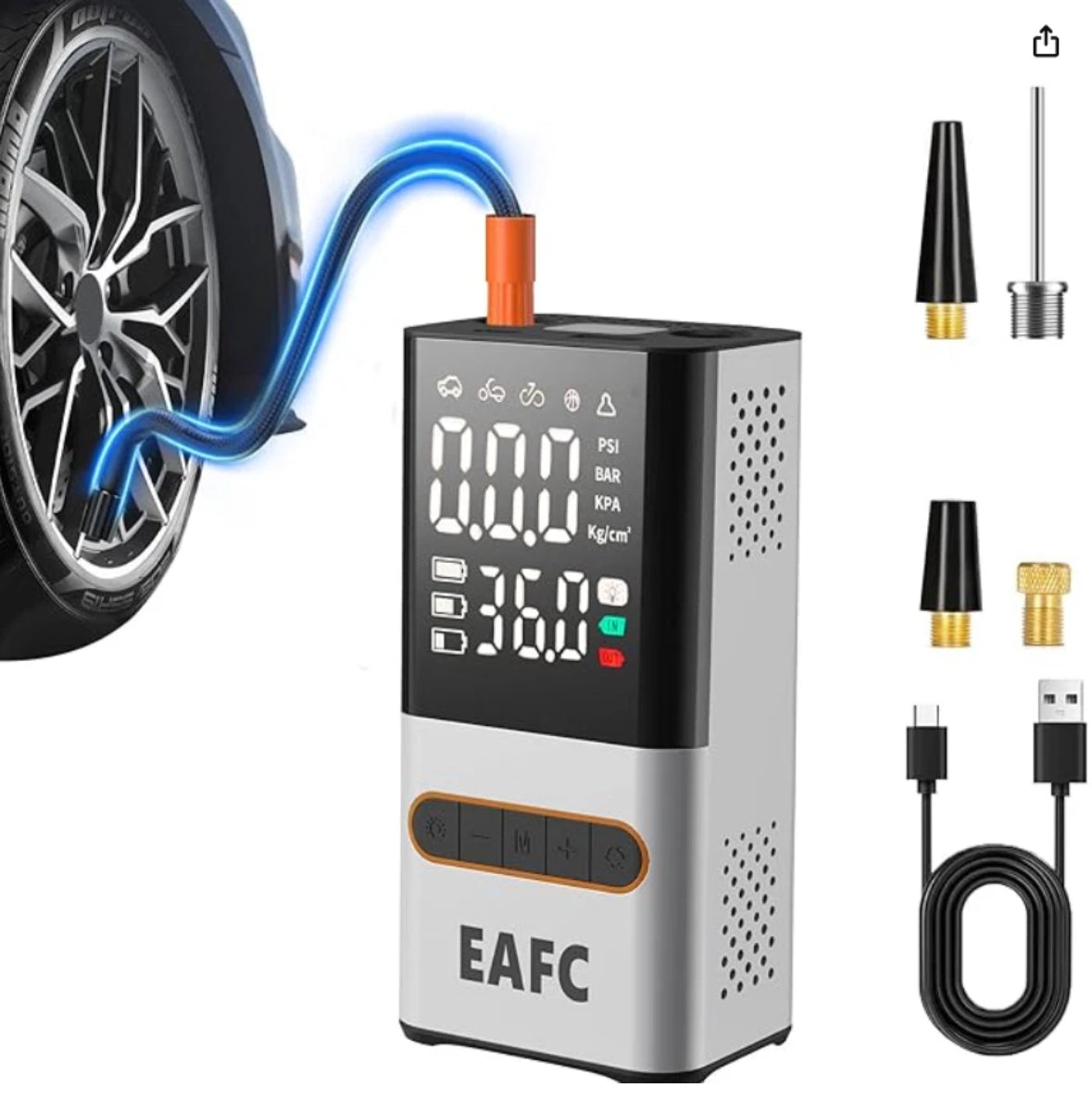 EAFC 150PSI Dual-screen Digital Display Air Pump, Portable Color Large-screen Wireless Air Pump, Digital Pressure Gauge, 19-cylinder Rapid Inflation with LED Light for Car, Motorcycle, Bike, Balls