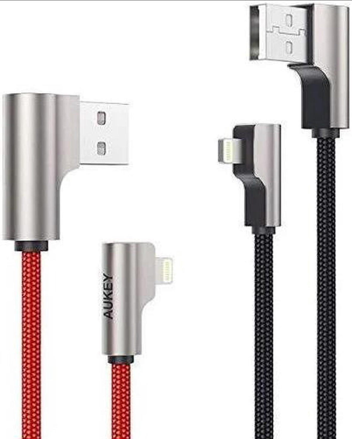 AUKEY Lightning to USB-A Right Angle Fast Charging Cables (6.6' Black + 6.6' Red Braided Mixed - 2pk) CB-AL01 - Black/Red