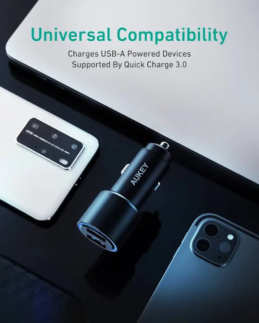 AUKEY Car Charger Adapter,36W Metal Dual USB Fast Car Charger with Blue LED