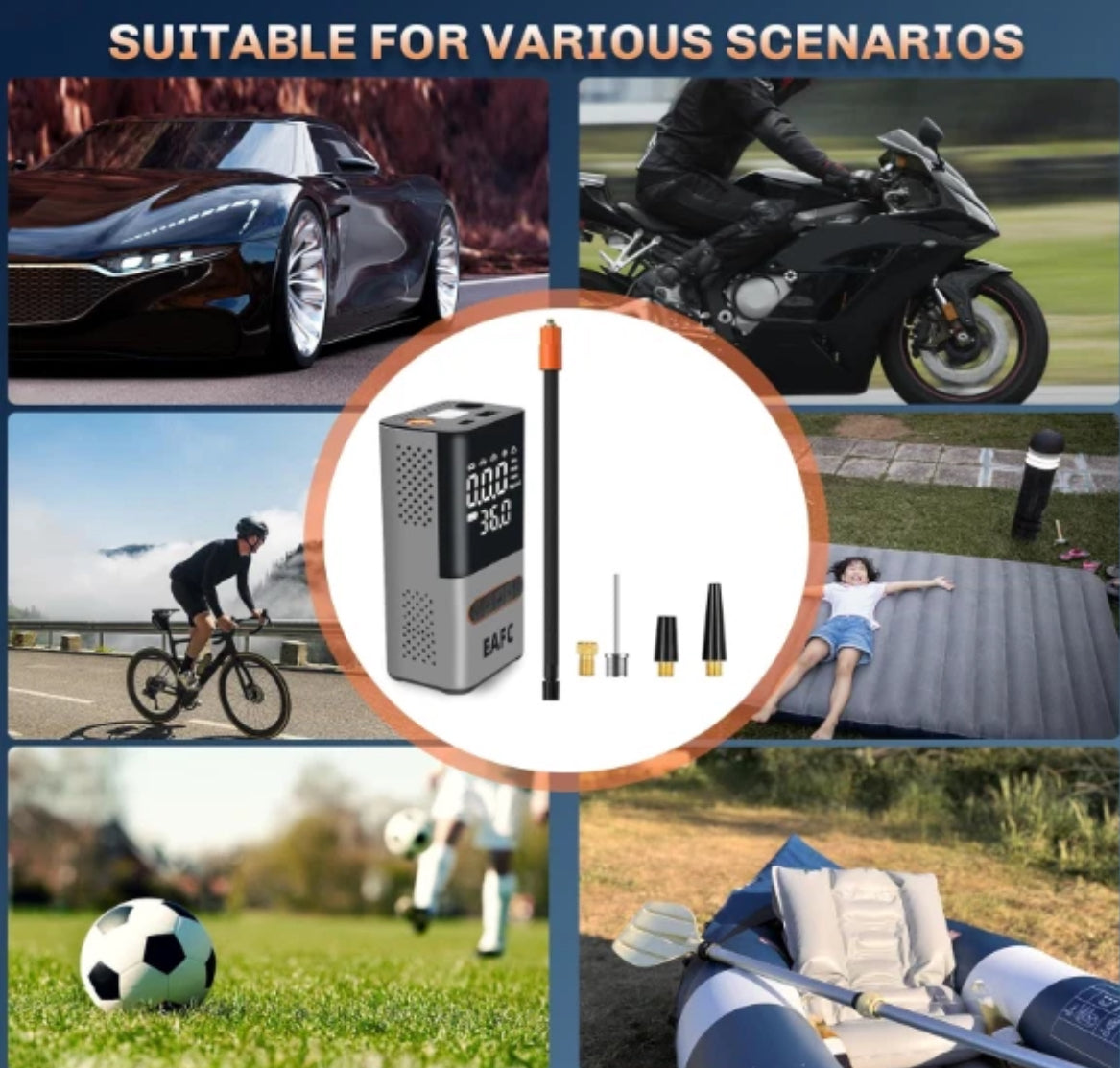 EAFC 150PSI Dual-screen Digital Display Air Pump, Portable Color Large-screen Wireless Air Pump, Digital Pressure Gauge, 19-cylinder Rapid Inflation with LED Light for Car, Motorcycle, Bike, Balls